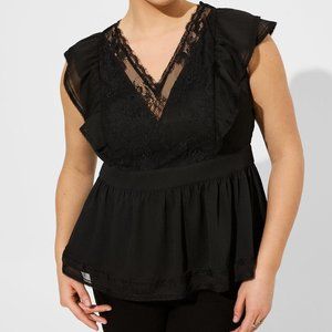 END OF SUMMER SALE-Torrid Crinkle Chiffon Peplum Lace Ruffle Sleeve Top (1 NWT)